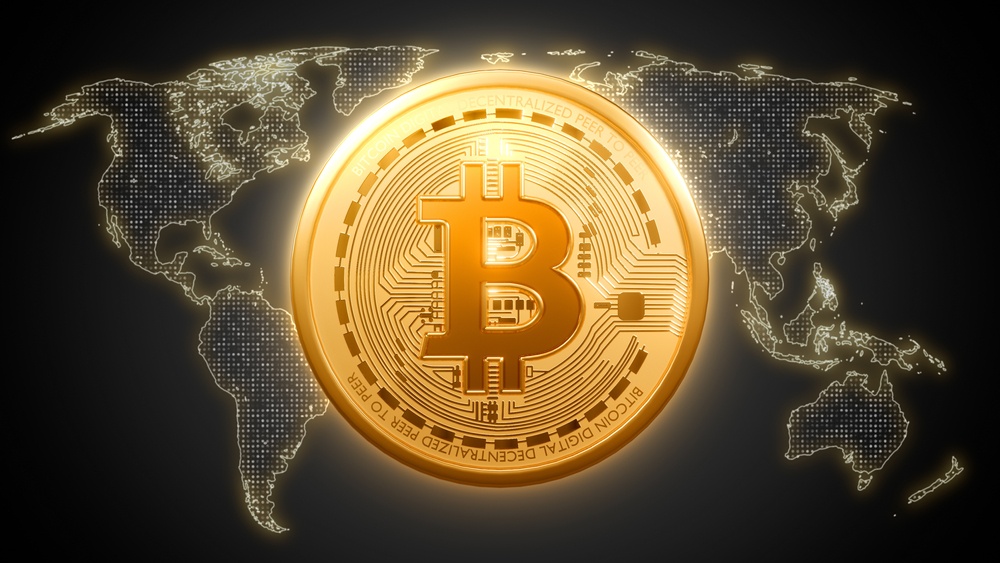 glowing gold bitcoin logo with dots on digital gold map showing global bitcoin adoption 