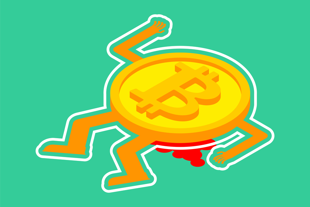 An illustration of a bitcoin with arms and legs that has been shot and is bleeding out.  