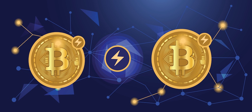 bitcoin lightning network on blue background concept 