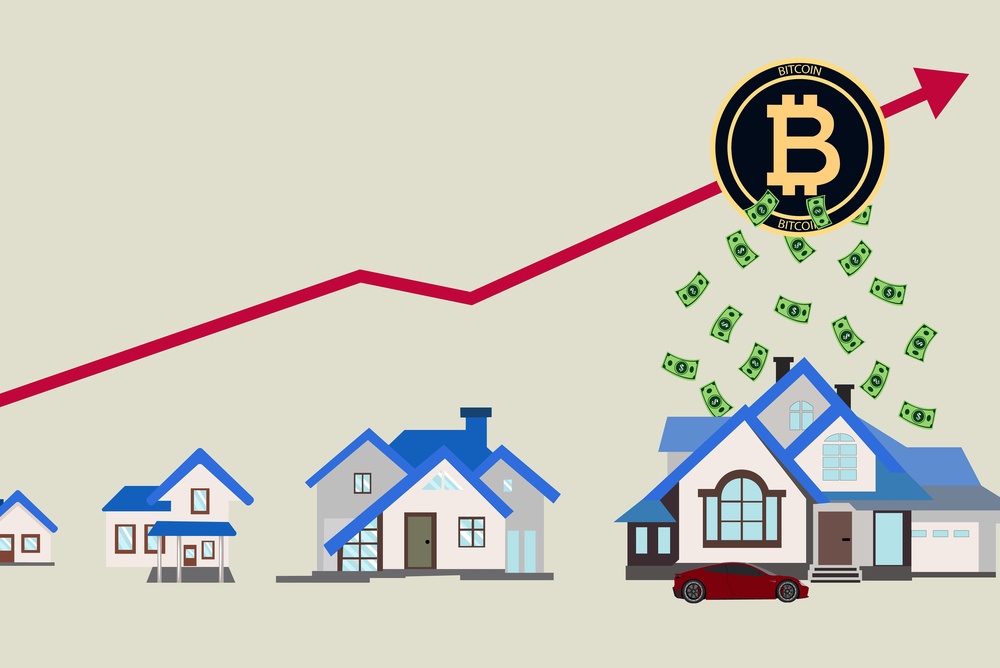 four properties increasing in size over time with red line going up and cash falling out of bitcoin logo onto the biggest house 