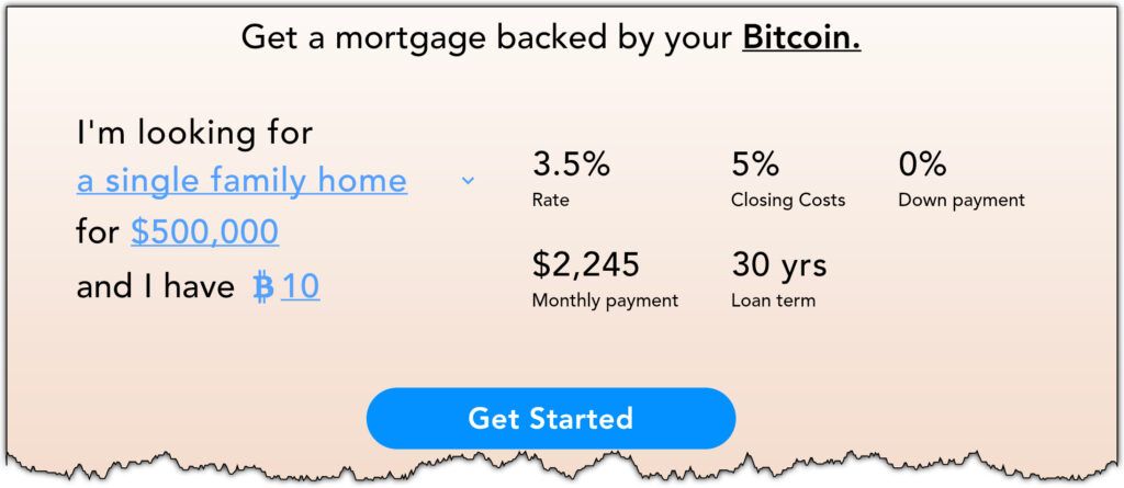 A screenshot highlighting the idea of getting your home mortgage backed by bitcoin 