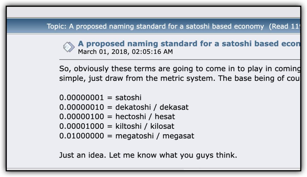 alternate units of bitcoin denomination, screenshot from bitcointalk.org 