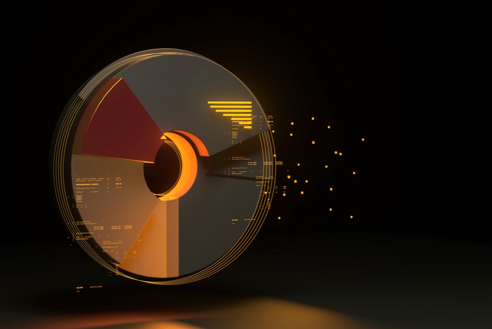 Buy A Fraction of A Bitcoin. orange and grey pie chat cut into fractions. Pieces of digital circle chopped up. 