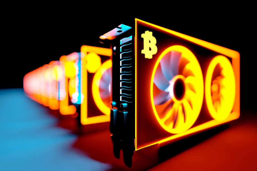 orange glow on GPU with bitcoin logo 