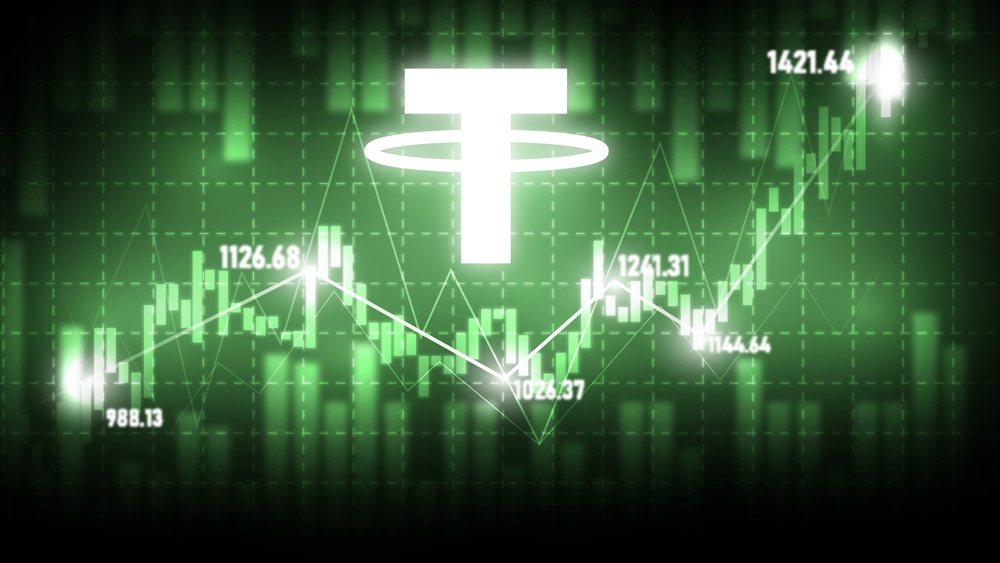 tether logo with rising price and green candlestick chart 