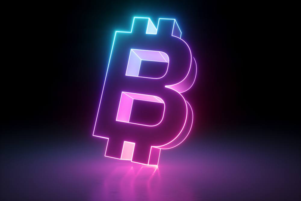 bitcoin vs crypto. neon pink and blue bitcoin sign 