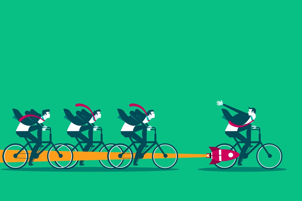 An illustration of business men using bikes, where one is speeding past the others due to using a rocket as a booster 