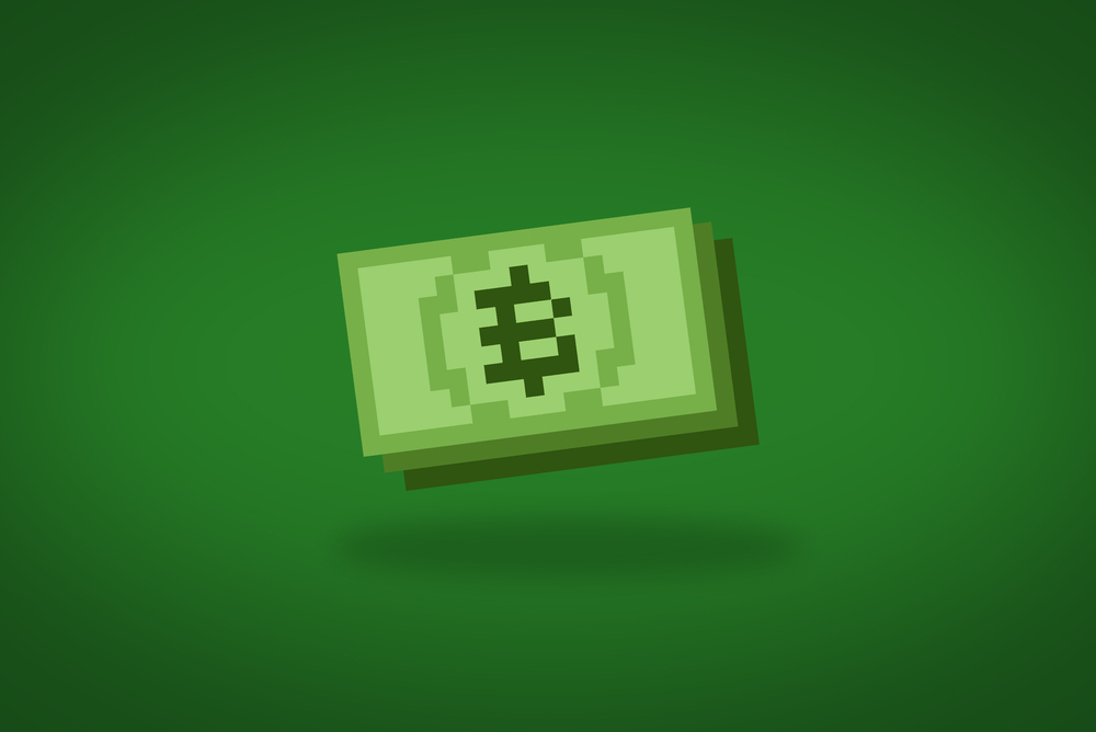 pixel art of dollar-shaped in-game money with bitcoin logo in low-resolution font. bitcoin dollar 