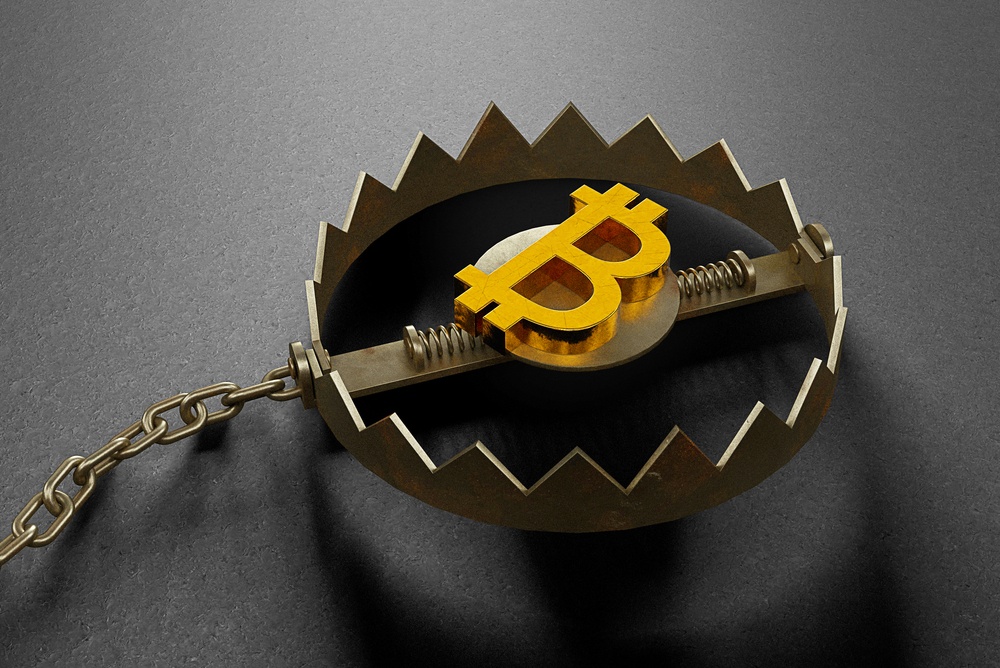 A graphic design of a bear trap with a bitcoin logo in the middle.  