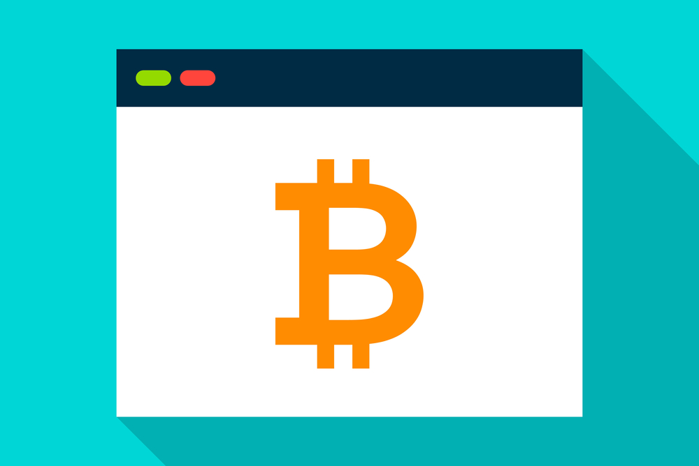 A light blue green background with an illustrated computer window, with the bitcoin logo in the middle.  