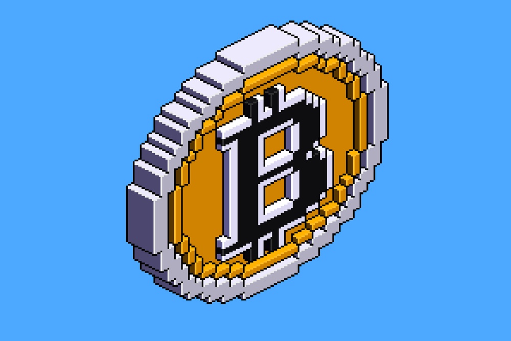 pixel art of microscopic bitcoin on blue background 