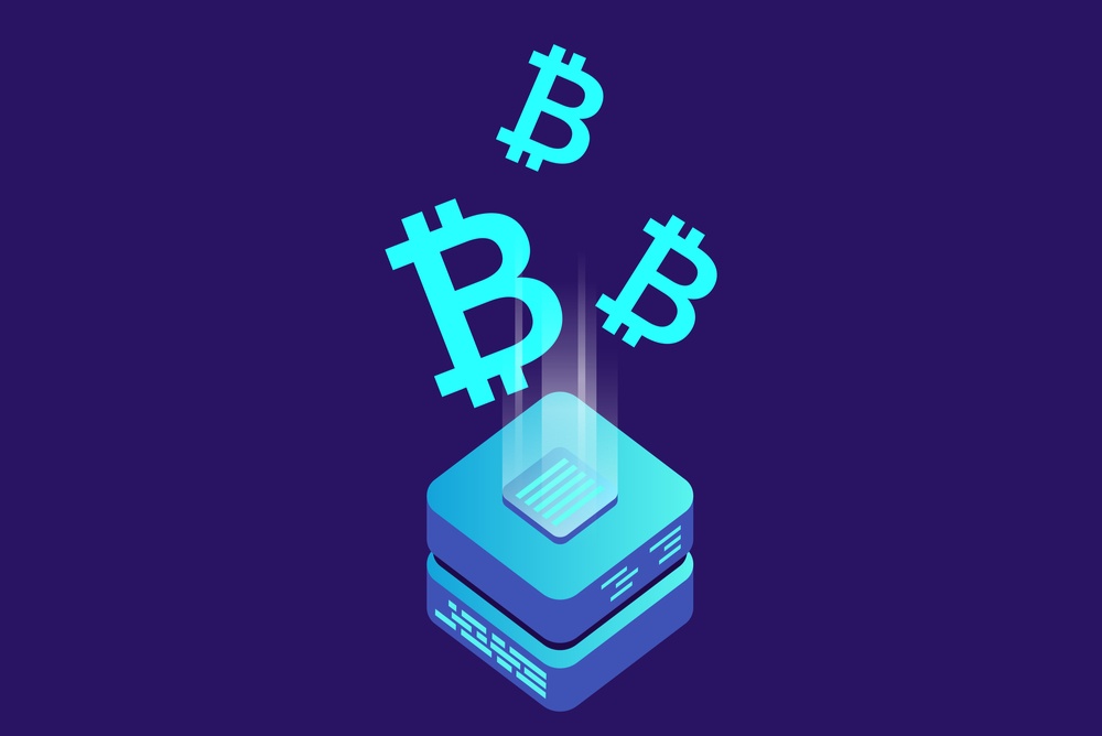 square bitcoin node on purple background with blue bitcoin symbols shooting out 