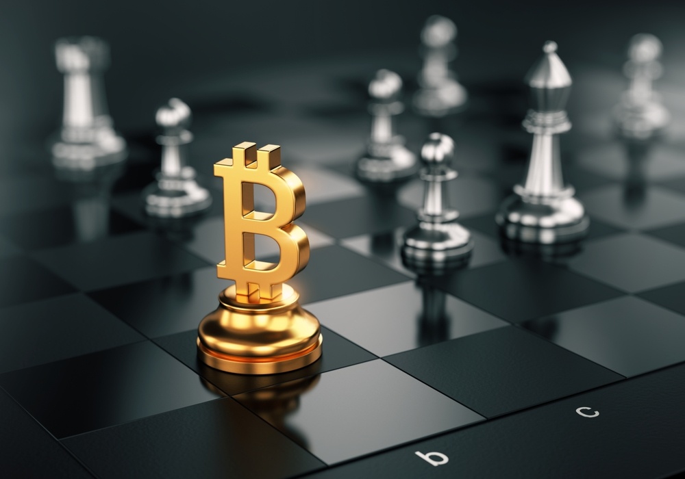 golden, glowing chess piece in the shape of a bitcoin symbol on chess board with silver, shadowed chess pieces. Bitcoin will win at chess 