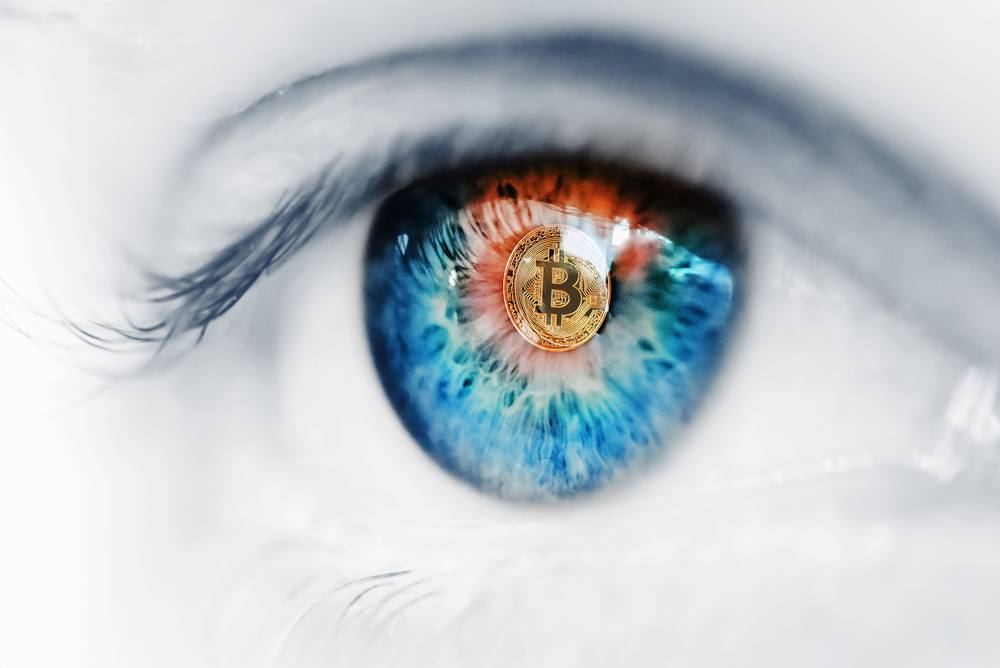 what is a bitcoin maximalist. washed out photo of eye with bright colorful highlights of eye iris and pupil focused on bitcoin. bitcoin maximalist 