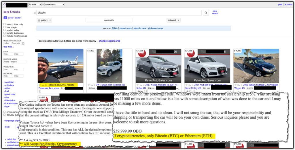 craislist local listings of vehicles for sale that accept bitcoin for payment. 