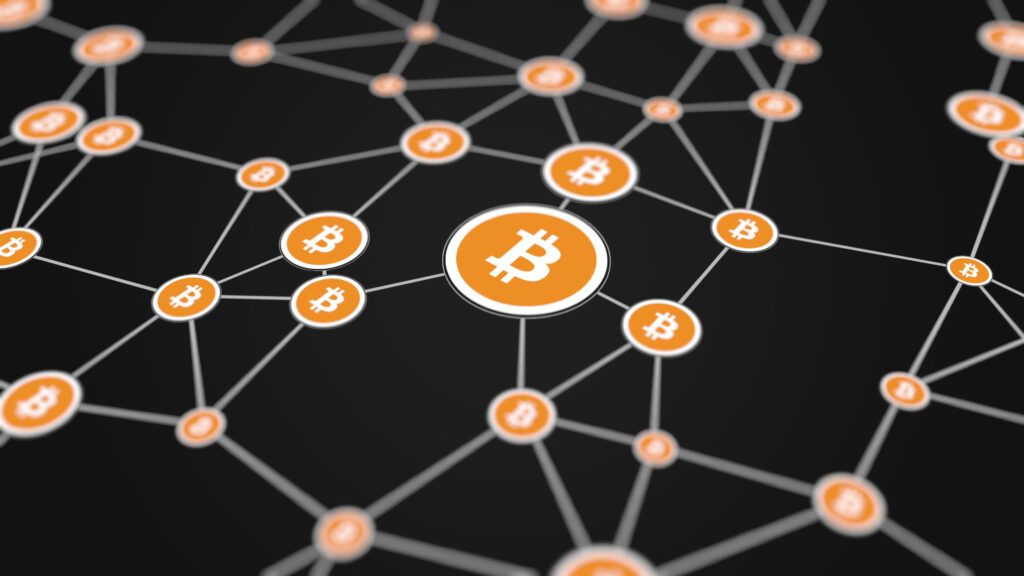 network of small bitcoin nodes connected in distributed map 