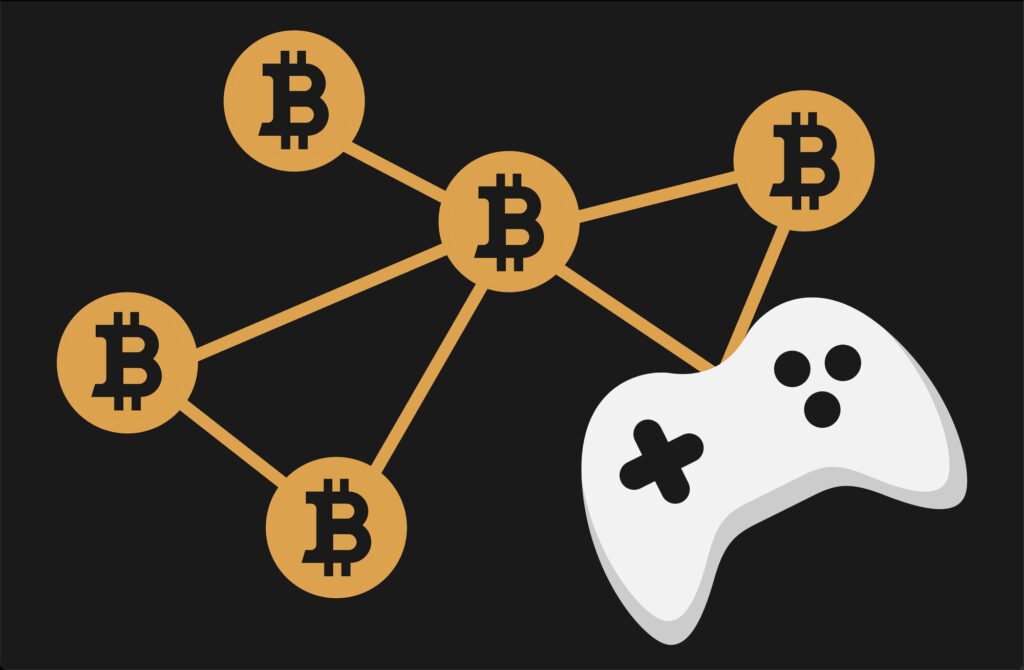 An illustration of a video game controller, with bitcoin symbols branching out in a network 