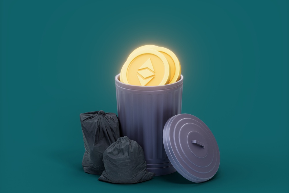 glowing ethereum coin in 3d rendered trash can with crumpled and filled trash bags sitting next to the can. utility tokens issued on ethereum are garbage 