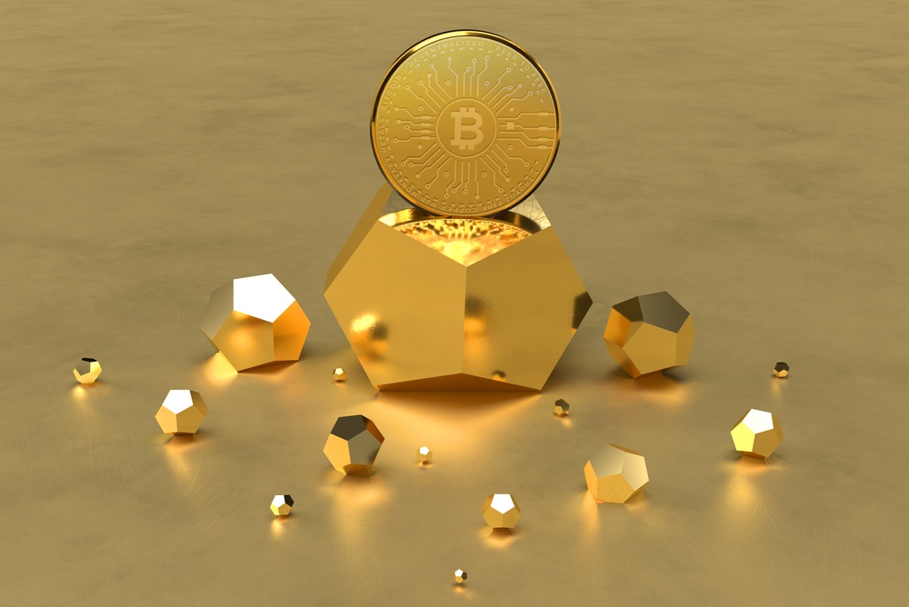 octohedron-shaped chunk of gold with smaller pieces scattered around and physical bitcoin with smooth edge sitting on top 