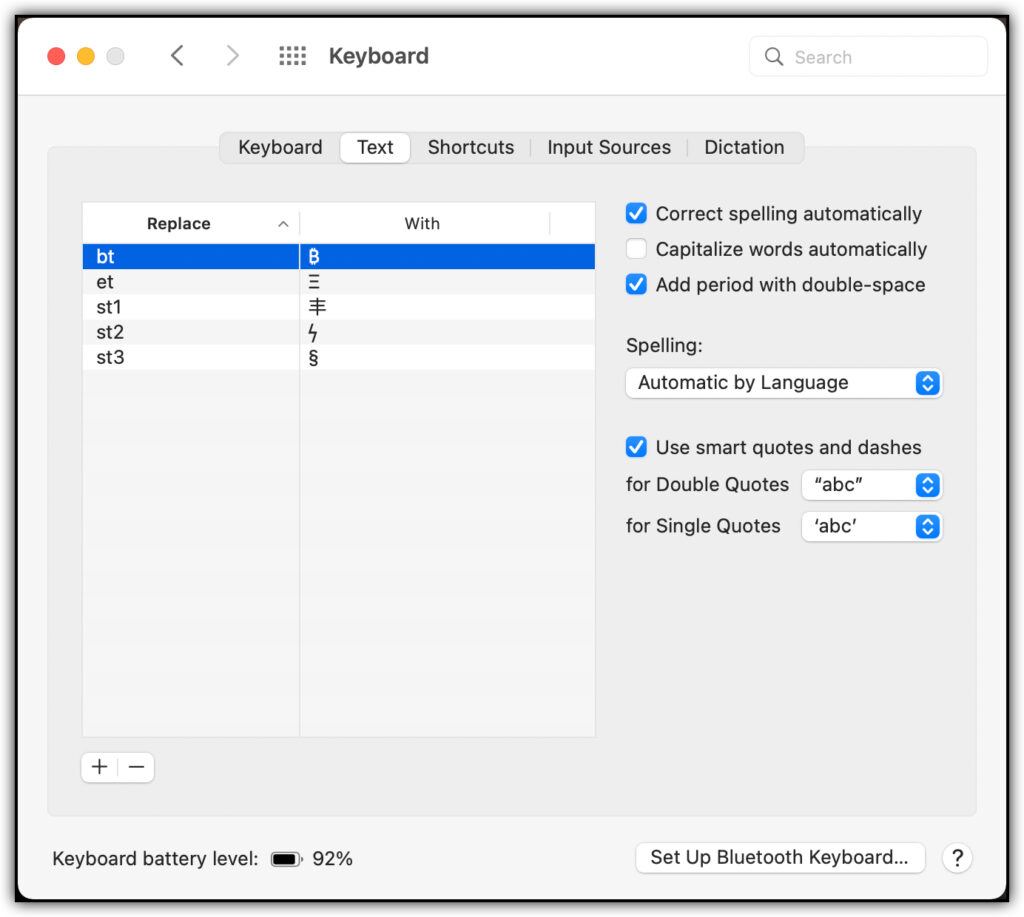 keyboard custom symbols in system preferences 