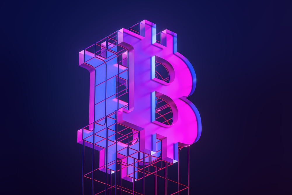 what backs bitcoin? blue, purple, and pink bitcoin logo being supported by steel scaffolding 