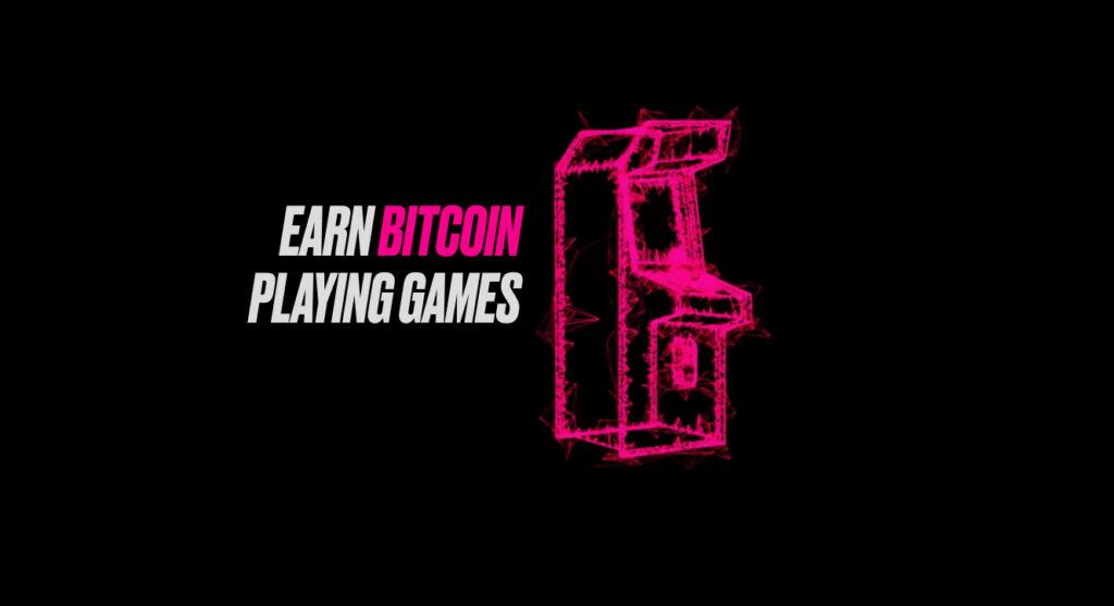 neon pink outline of arcade machine with text  "earn bitcoin playin games". Screenshot from Thndr Games website