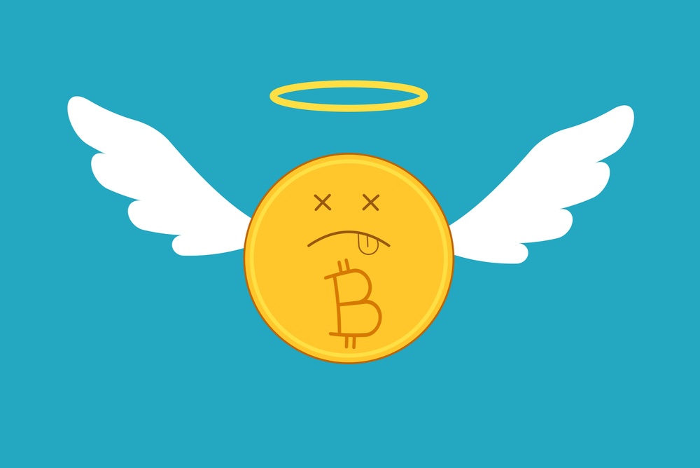 Bitcoin obituaries. bitcoin coin with angel wings and  'X' for eyes signaling death. bitcoin is dead.