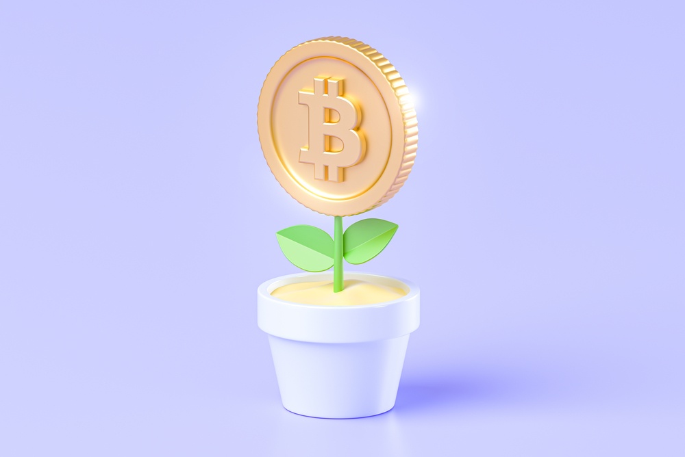 gold bitcoin coin growing out of a pot like a potted flower plant. 3d render concept. 