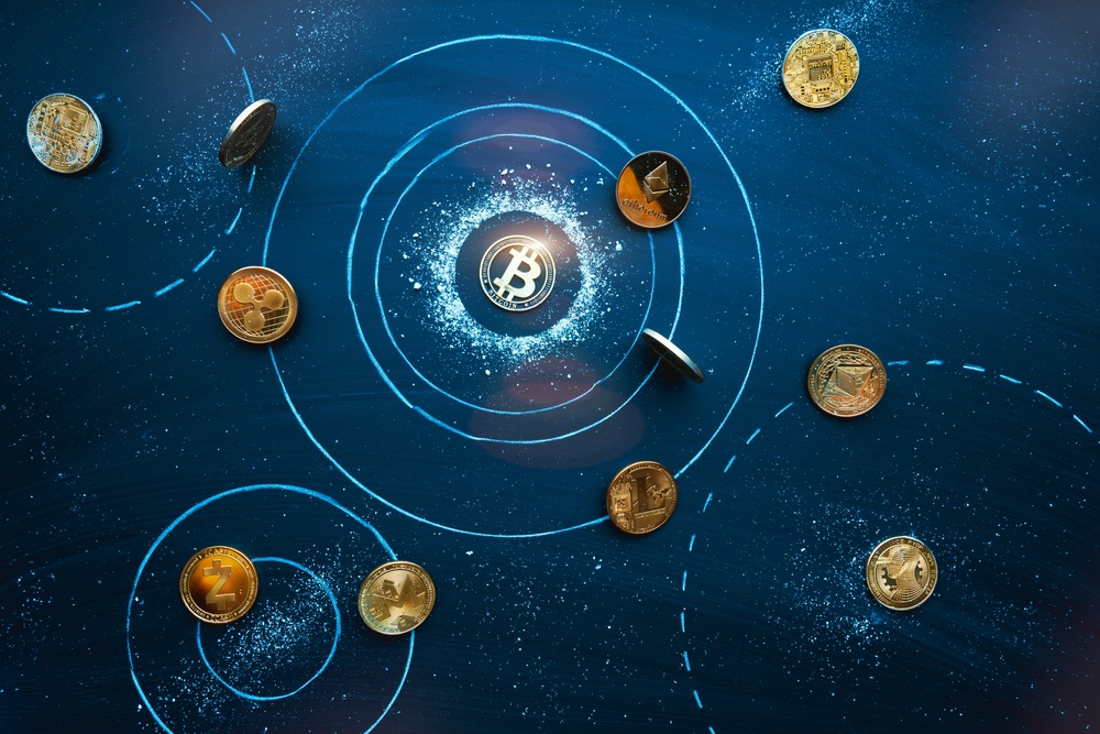 bitcoin at the center of the universe with altcoins circling around its gravitation. bitcoin market dominance 