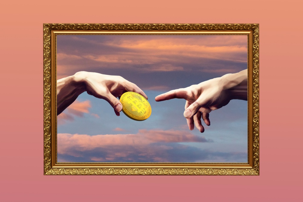 The Creation of Adam painting imagined as The Creation of Bitcoin 