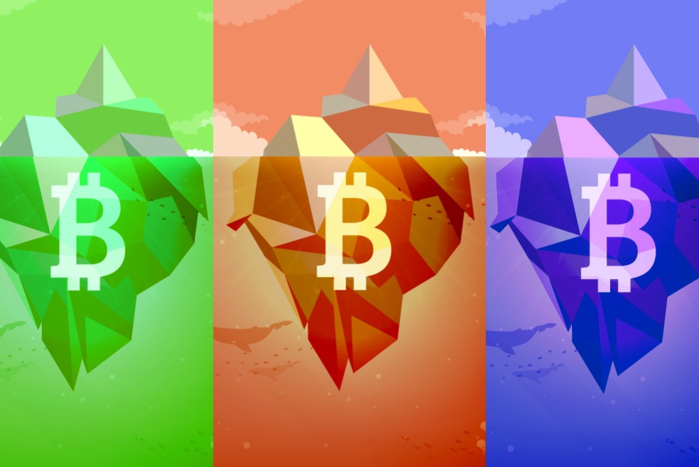 Disadvantages of Bitcoin. Illustrations of green, red, and blue icebergs with the Bitcoin logo. what lies beneath the surface of bitcoin? 