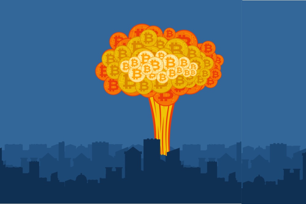 nuclear mushroom cloud explosion made of bitcoin logos exploding in city center 