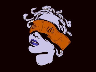 medusa with bitcoin paper wrapped around eyes 