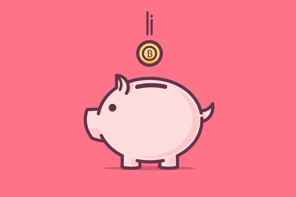 bitcoin landing in a piggy bank. flat vector image in pink 