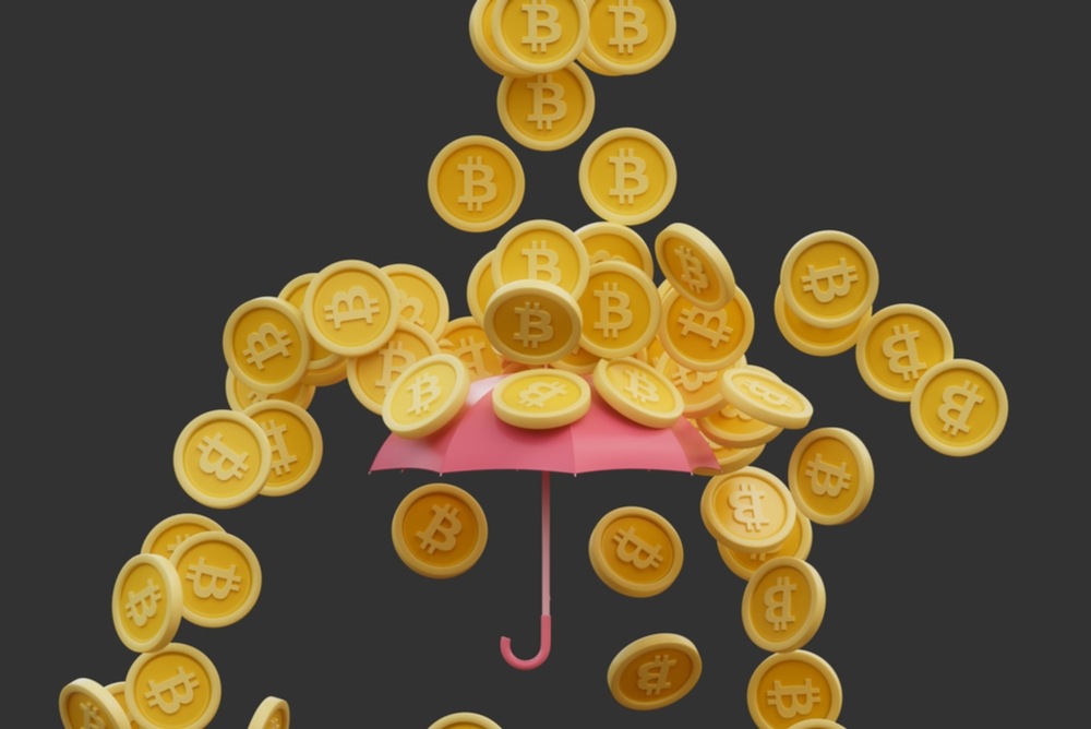 how to become bitcoin rich. bitcoin coins raining down on pink umbrella showing bitcoin riches 