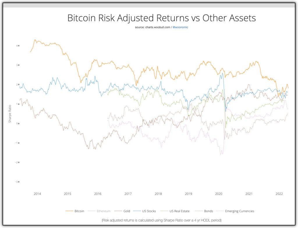 bitcoin risk adjusted returns vs other assets on line chart since 2014 