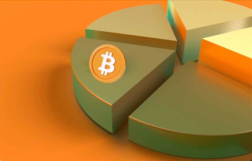 orange colored pie chart with bitcoin logo as one slice showing bitcoin allocation in risk management portfolio 