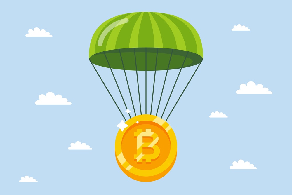 bitcoin coin parachuting to safety from the sky 