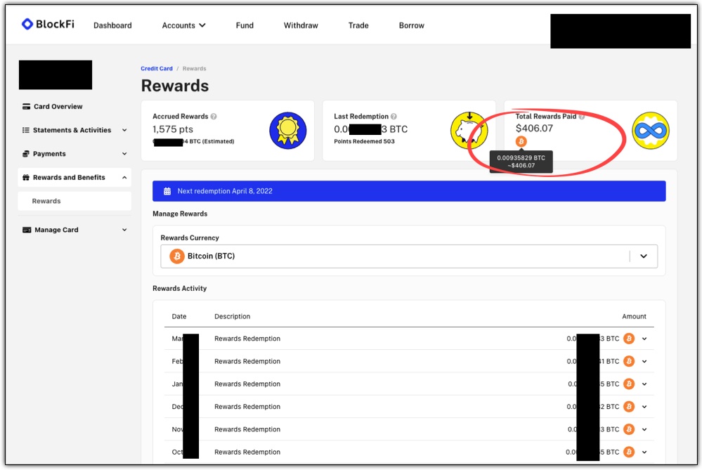 blockfi dashboard showing credit card rewards redemption and total btc earned 