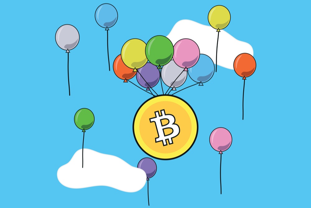 cartoon cloudy sky with bitcoin being lifted by colorful balloons. bitcoin is protected by altcoins is an argument against maximalism 