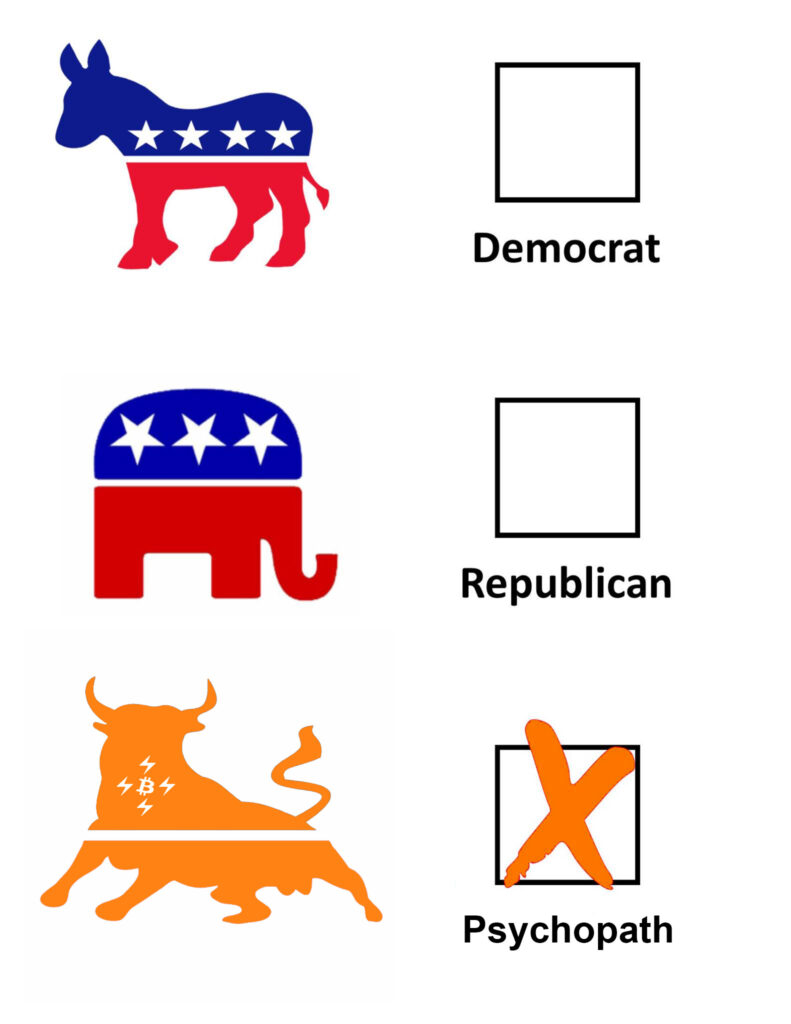 Three potential party logos: Democrat, Republican, and Psychopath, with check boxes for each 