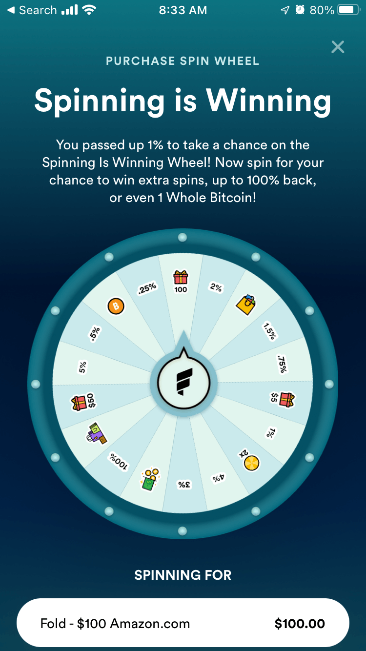 fold spin+ card wheel with multiple options for rewards. 