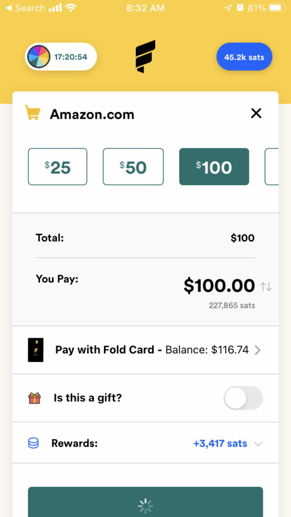 fold app with 0 amazon gift card purchase earning 3,417 sats 