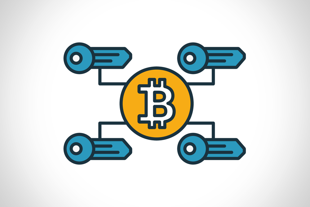 A cartoon Bitcoin with four keys attached to it through lines 