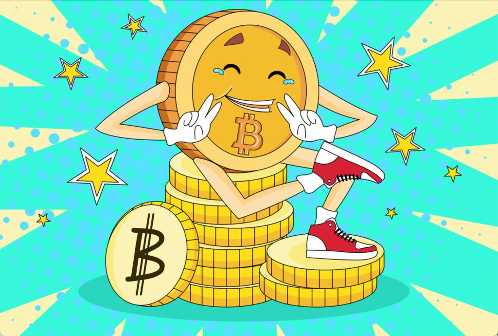 cheery bitcoin with arms and legs smiling sitting on stacks of bitcoins 