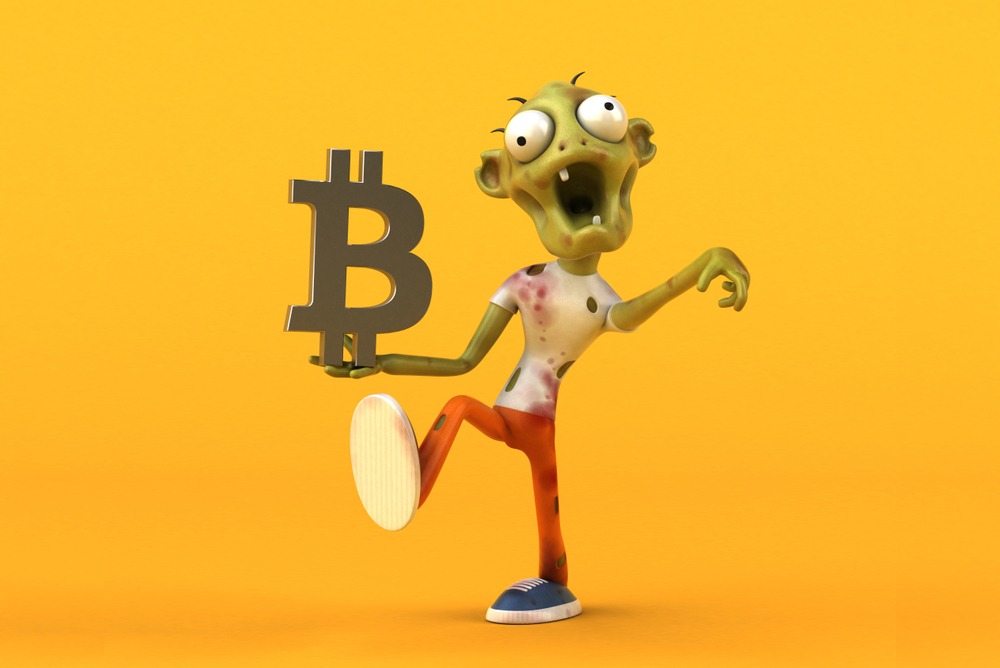 cartoon zombie with blood stains carrying the bitcoin sign 