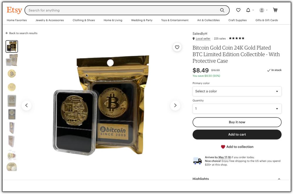 24k gold plated bitcoin sold in sealed package with display case on etsy 