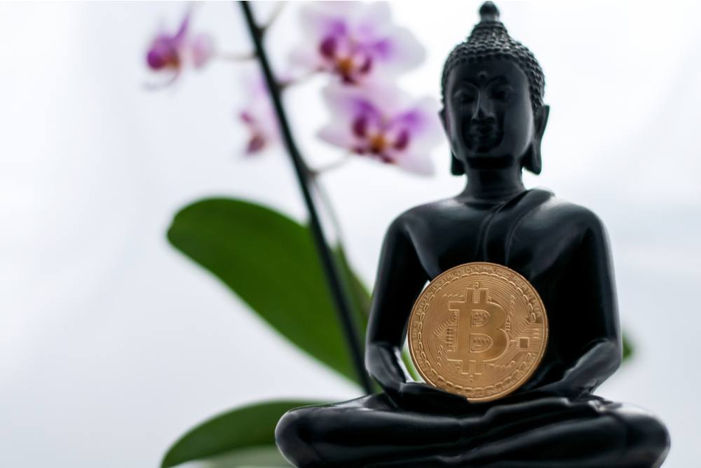 peaceful and content buddha holding a bitcoin with flowers in the background 