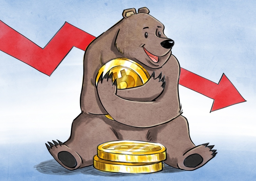 cartoon bear with smile holding a bitcoin as the price goes down 