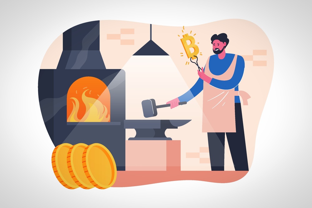 what is bitcoin made of? blacksmith at forge creating shiny new bitcoin from fire and metal 